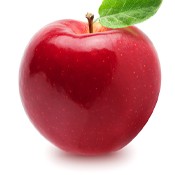 Red delicious apple with leaf on stem