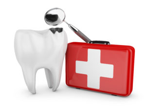 3D image of a tooth next to a first-aid kit 